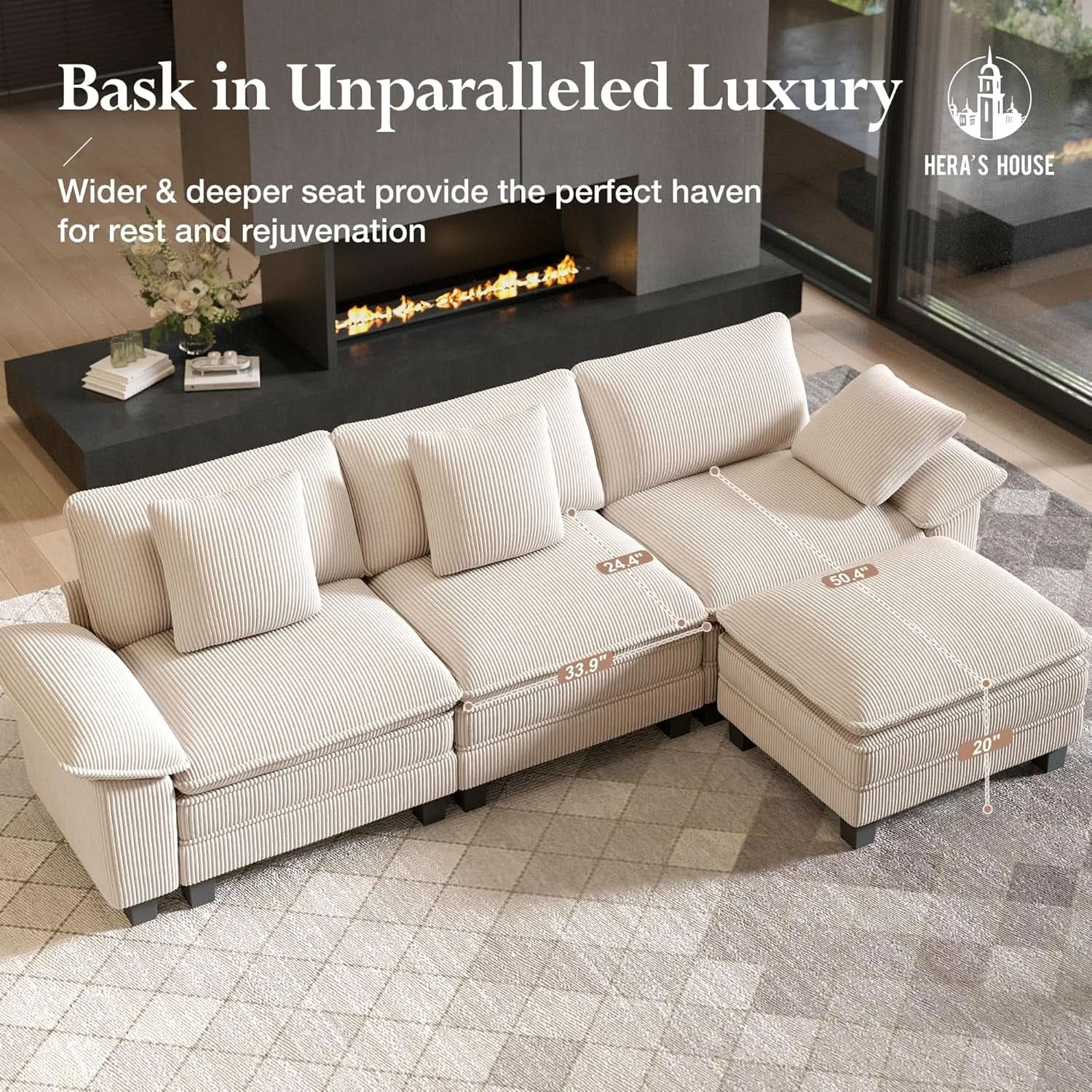 Modular Corduroy Beige Three Piece Sofa Set For Living Room