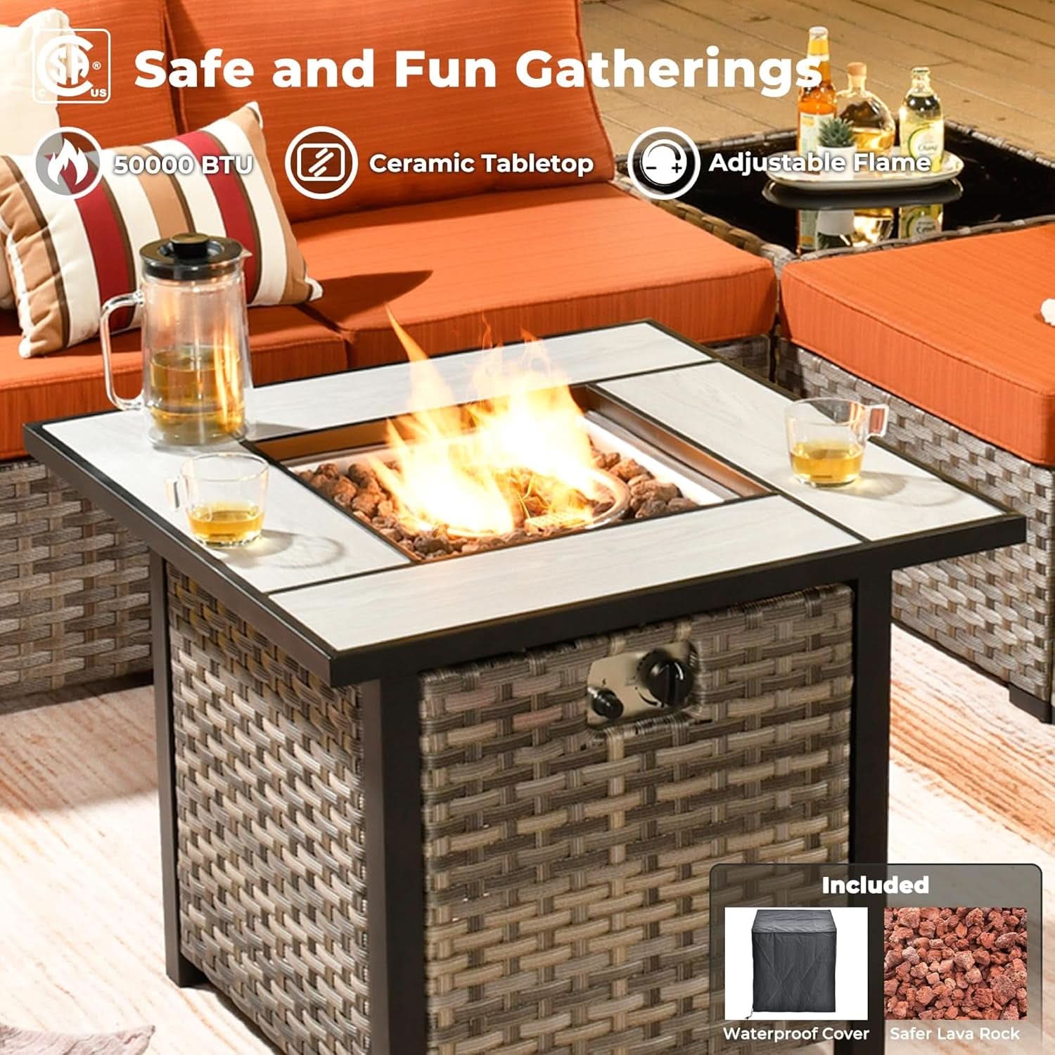 Modular Outdoor Wicker Sofa Set with Fire Pit