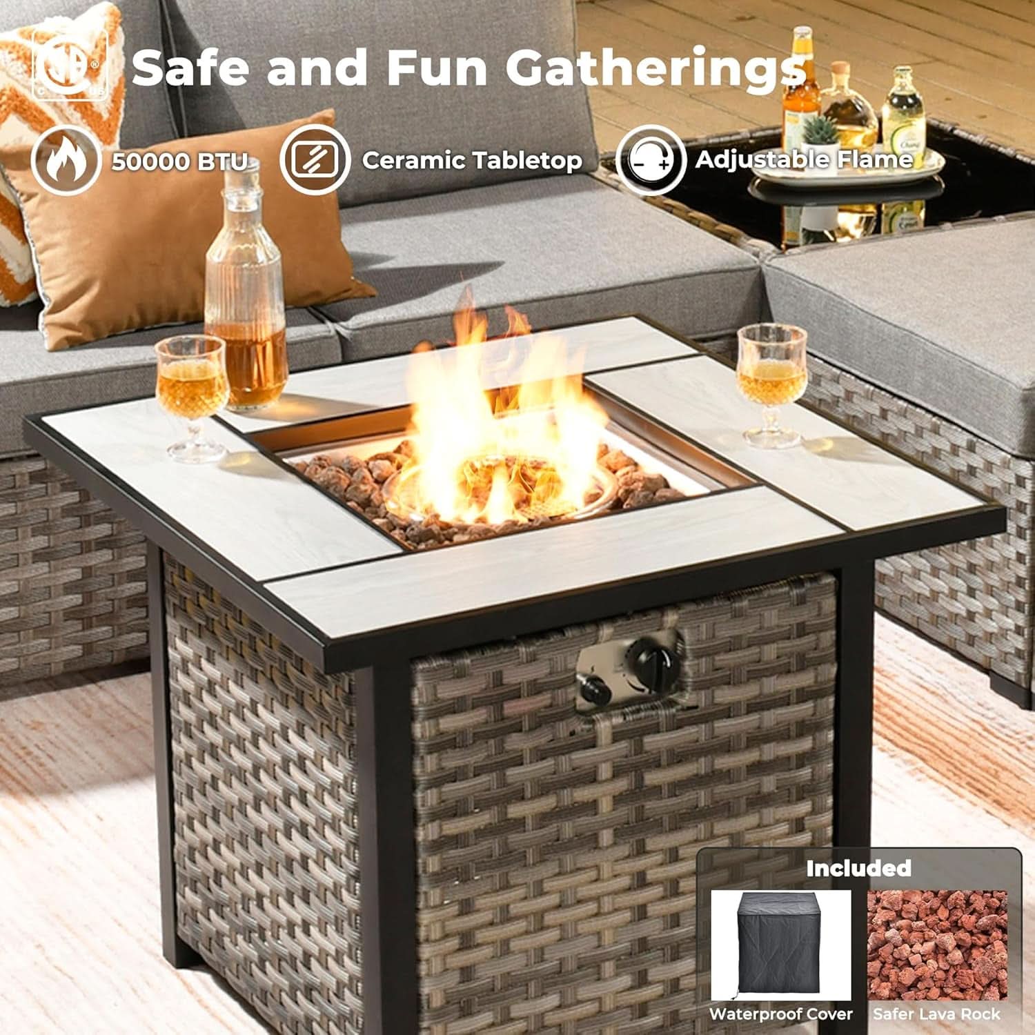 Modular Outdoor Wicker Sofa Set with Fire Pit