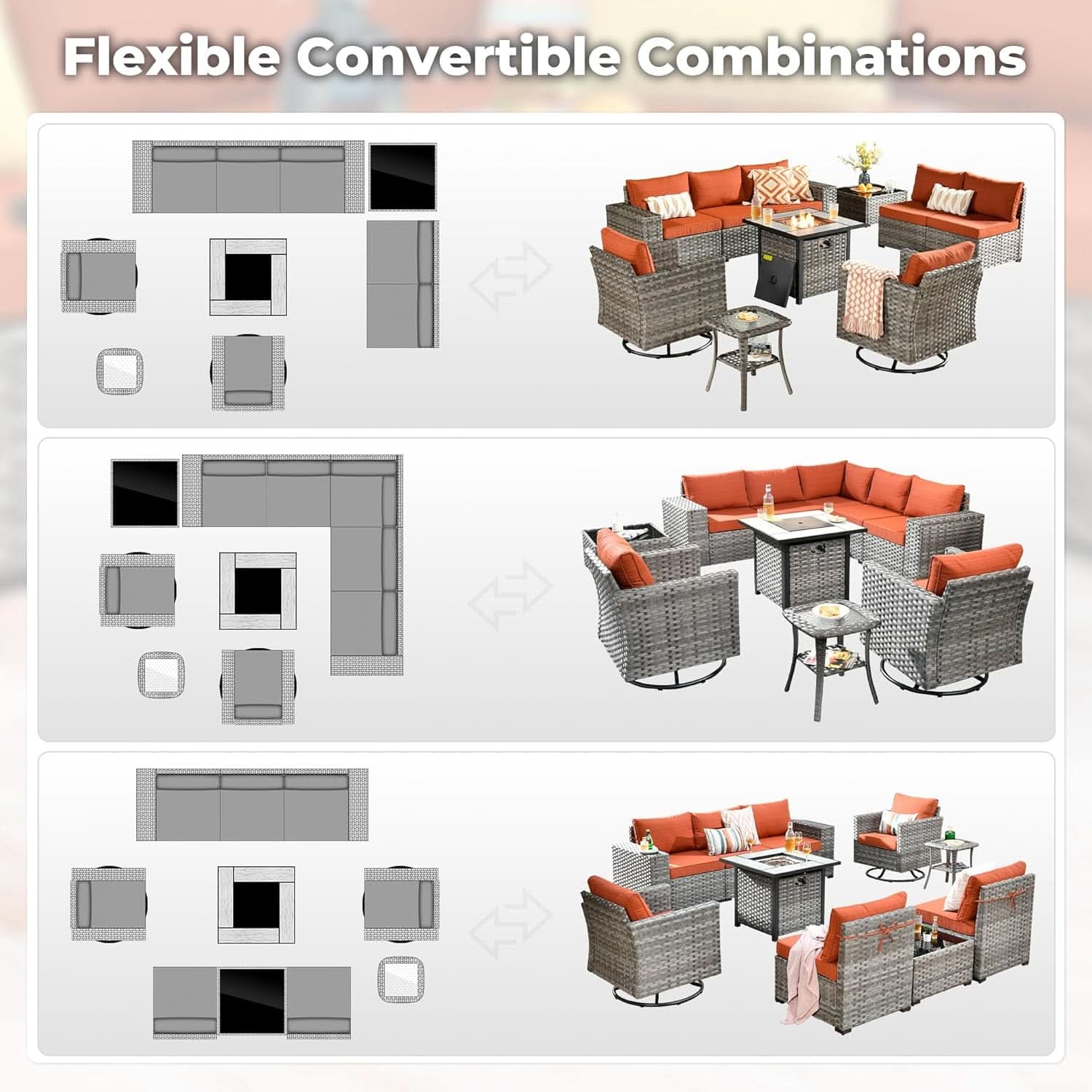 Modular Outdoor Wicker Sofa Set with Fire Pit