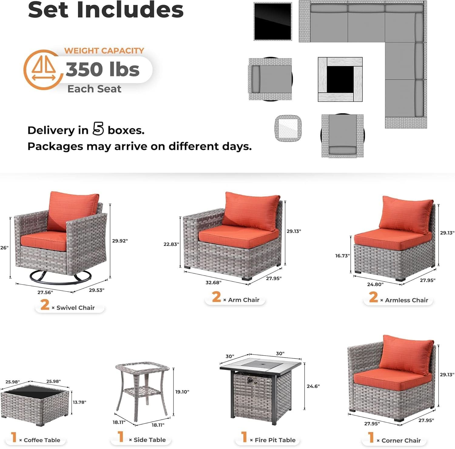 Modular Outdoor Wicker Sofa Set with Fire Pit
