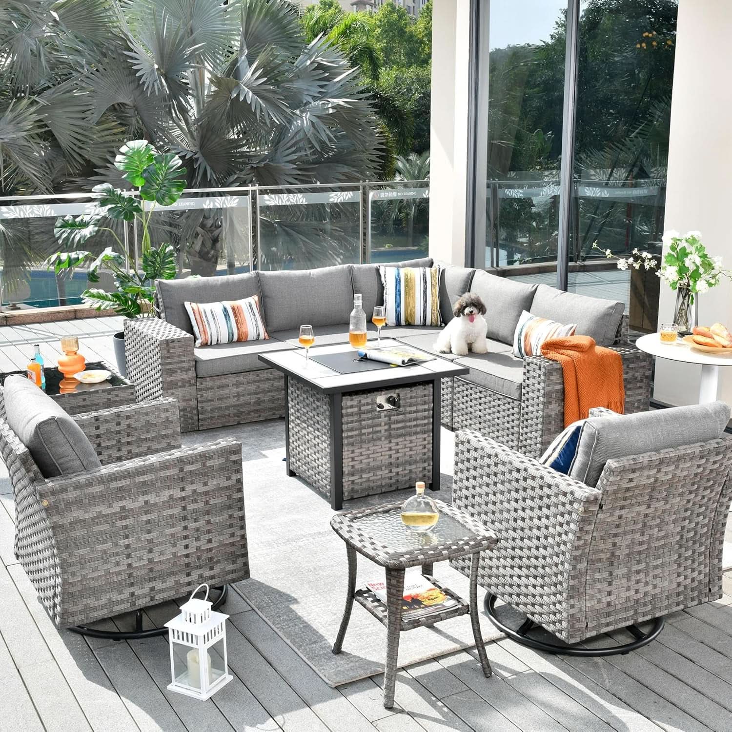 Modular Outdoor Wicker Sofa Set with Fire Pit