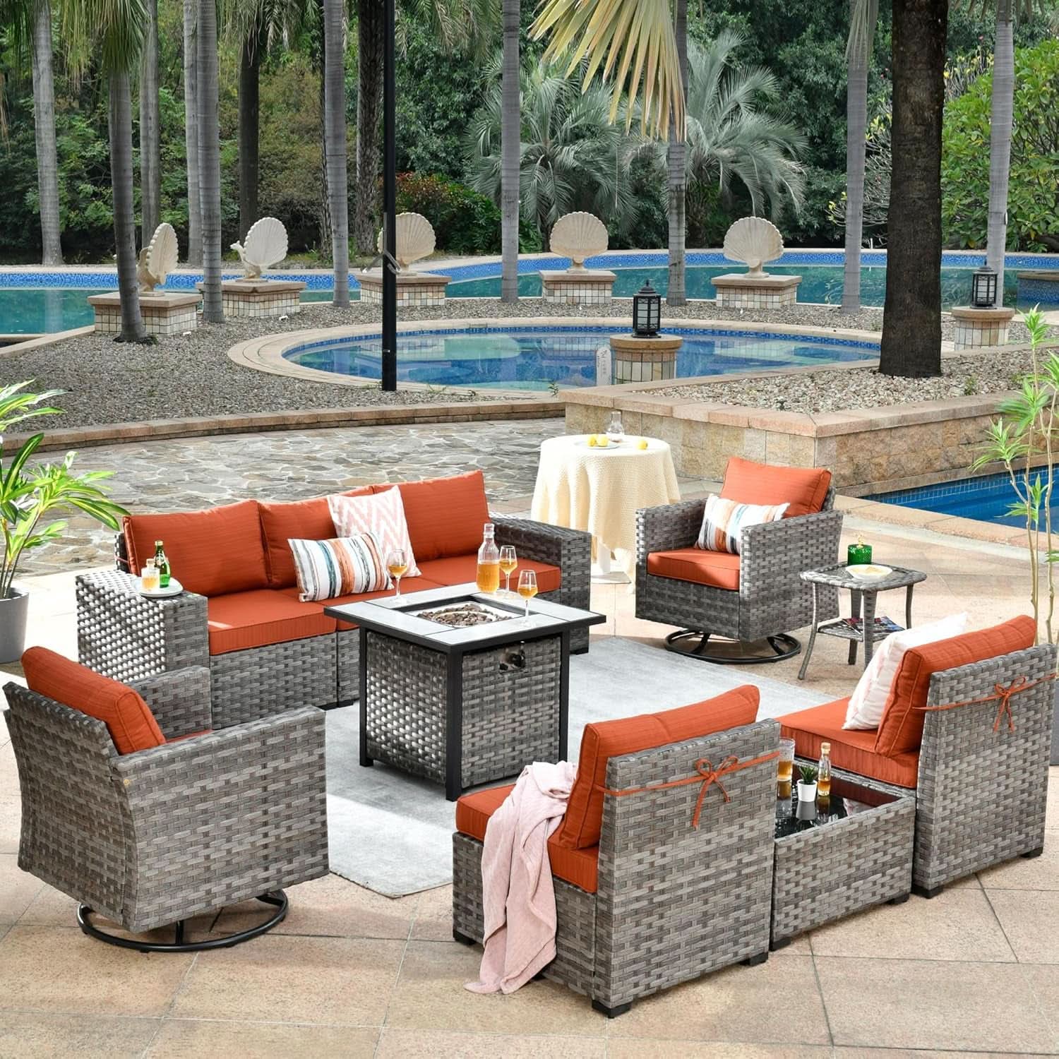 Modular Outdoor Wicker Sofa Set with Fire Pit