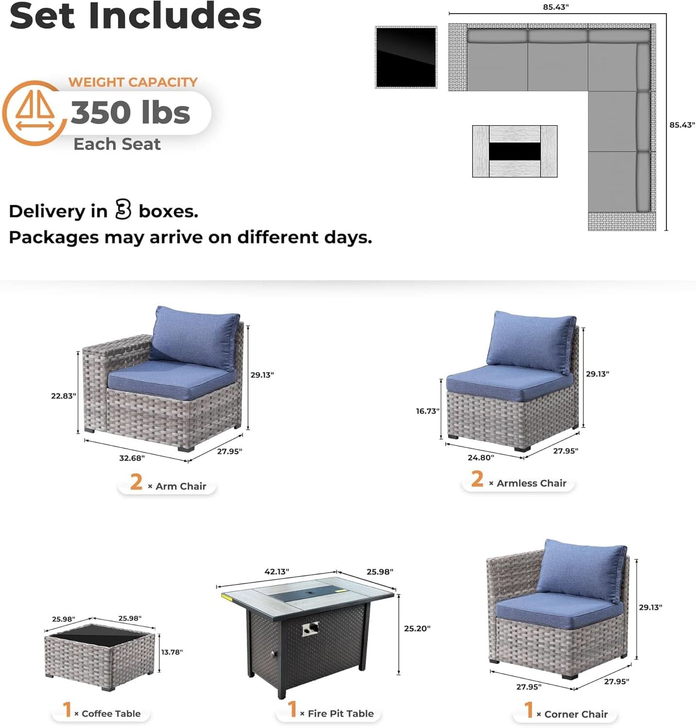 Modular Outdoor Wicker Sofa Set with Fire Pit Table