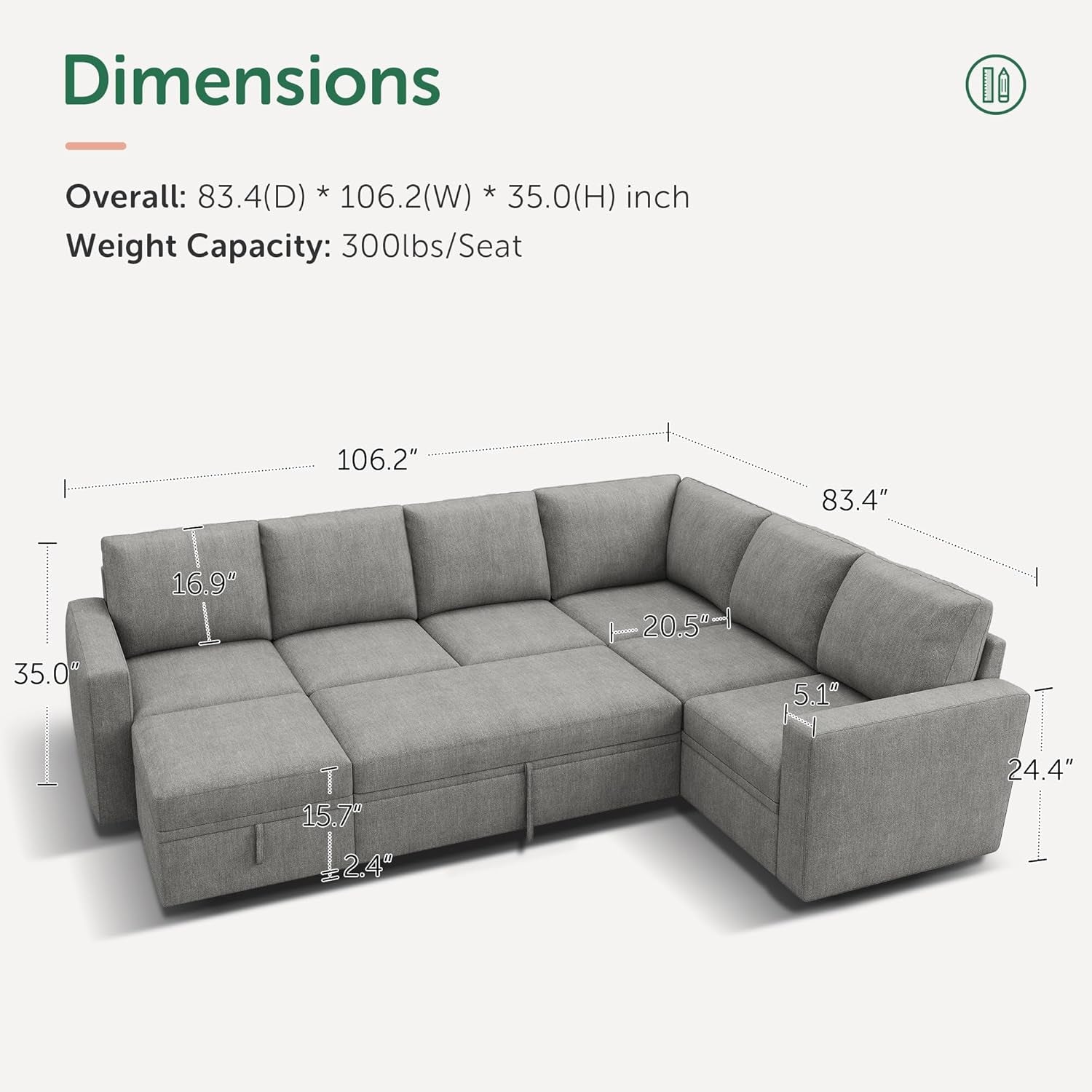 Modular Sectional Sleeper Sofa U Shaped Warm Grey Set