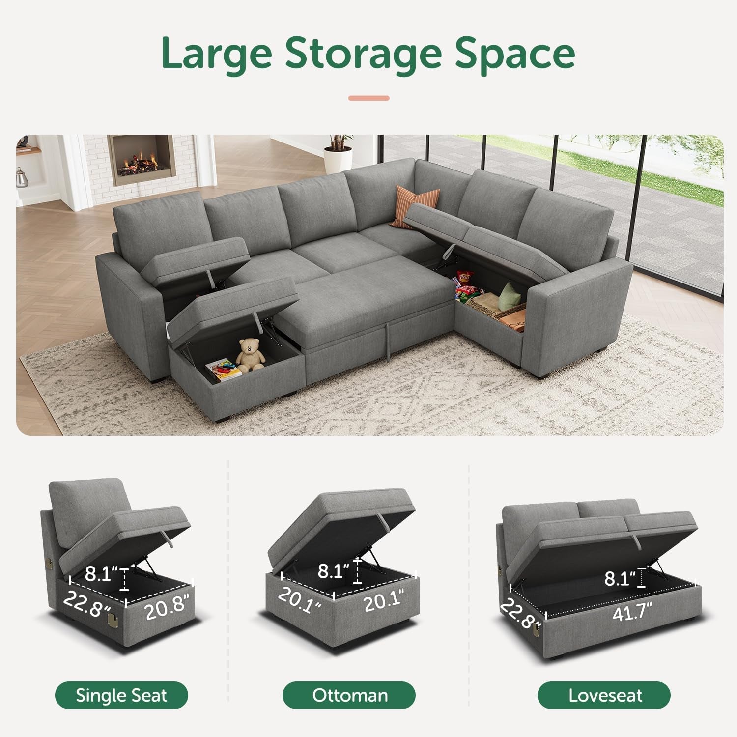 Modular Sectional Sleeper Sofa U Shaped Warm Grey Set