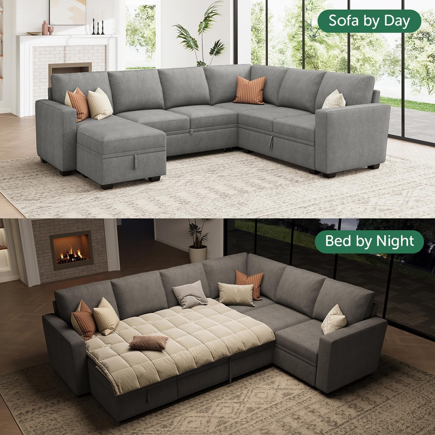 Modular Sectional Sleeper Sofa U Shaped Warm Grey Set
