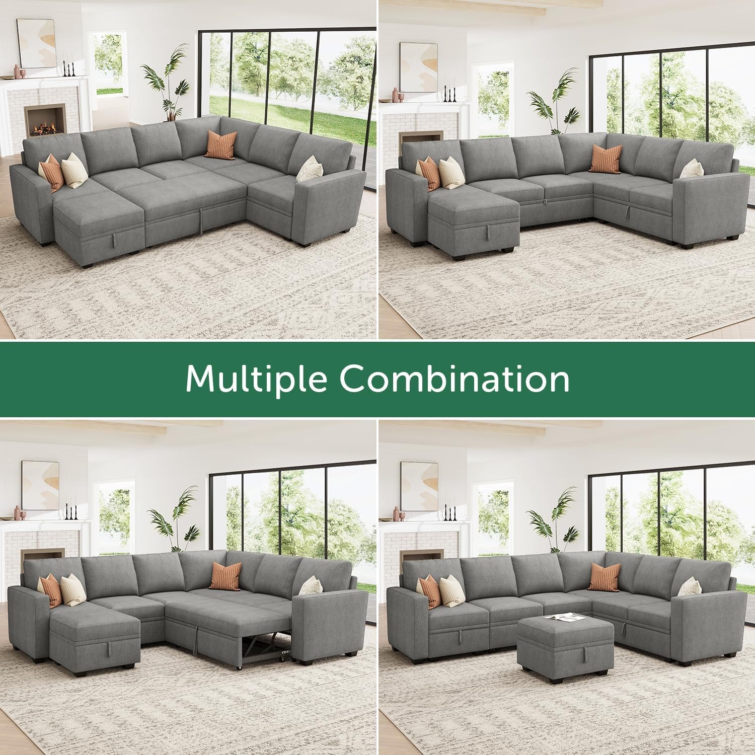 Modular Sectional Sleeper Sofa U Shaped Warm Grey Set