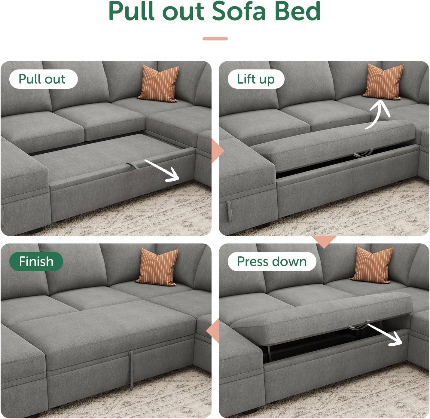 Modular Sectional Sleeper Sofa U Shaped Warm Grey Set