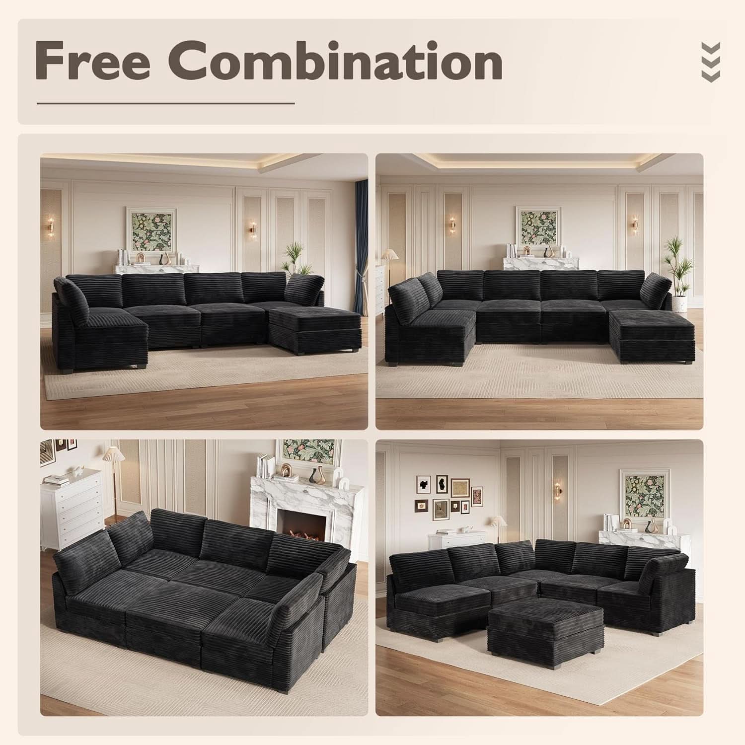 Modular Sectional Sofa Black Corduroy Convertible Sleeper