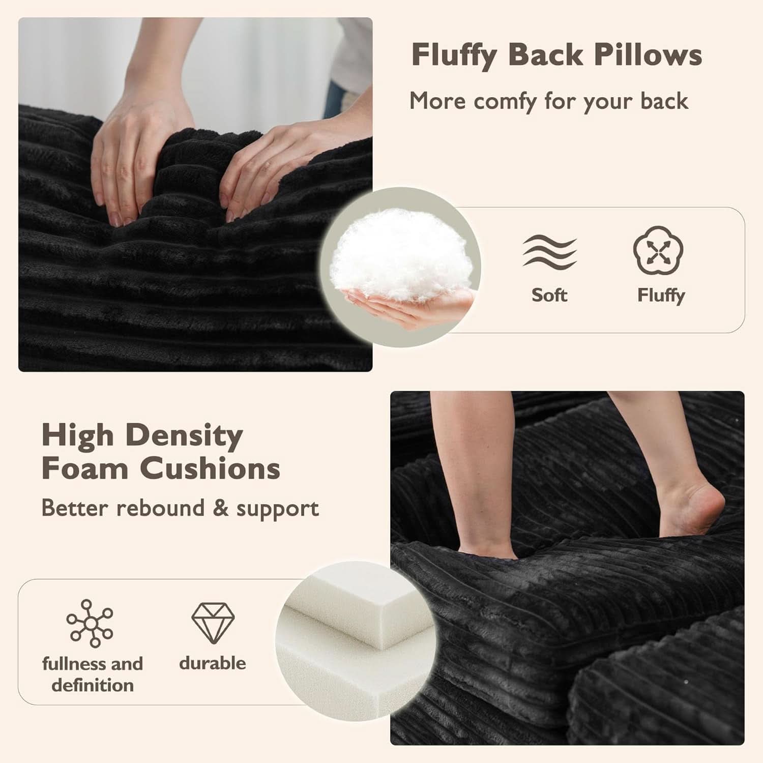 Modular Sectional Sofa Black Corduroy Convertible Sleeper