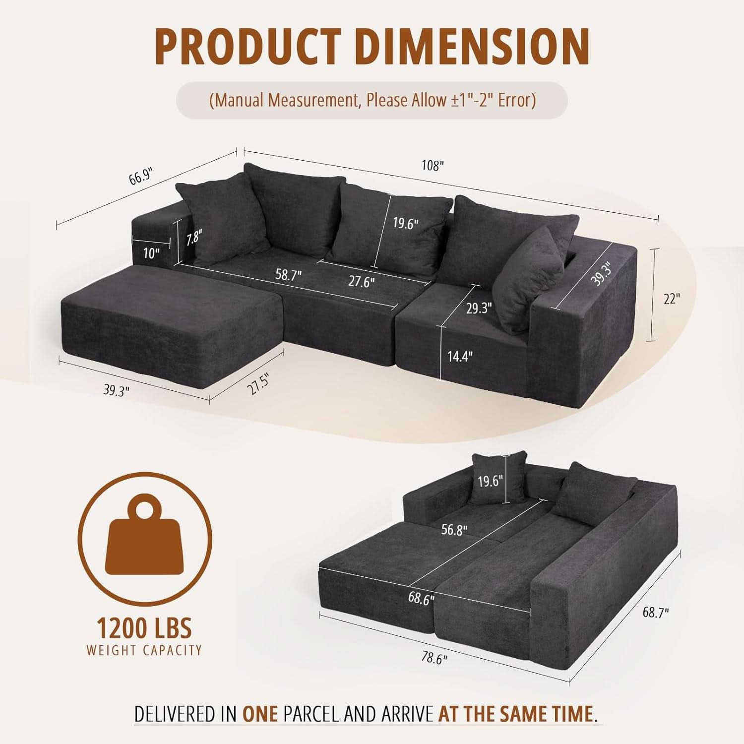 Modular Sectional Sofa With Chaise Dark Grey No Assembly