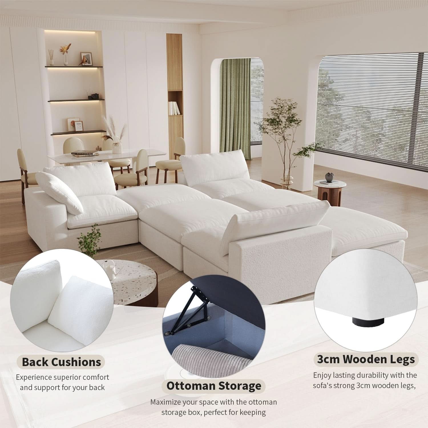Modular Sectional Sofa with Storage Ottoman and Washable Covers