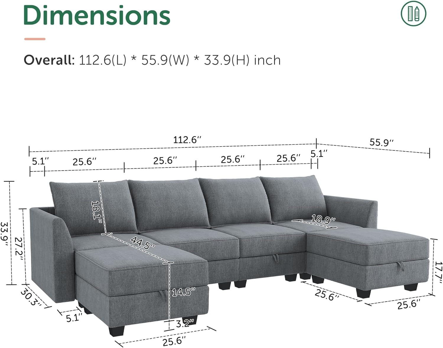 Modular U Shaped Sectional Sofa Bluish Grey With Storage