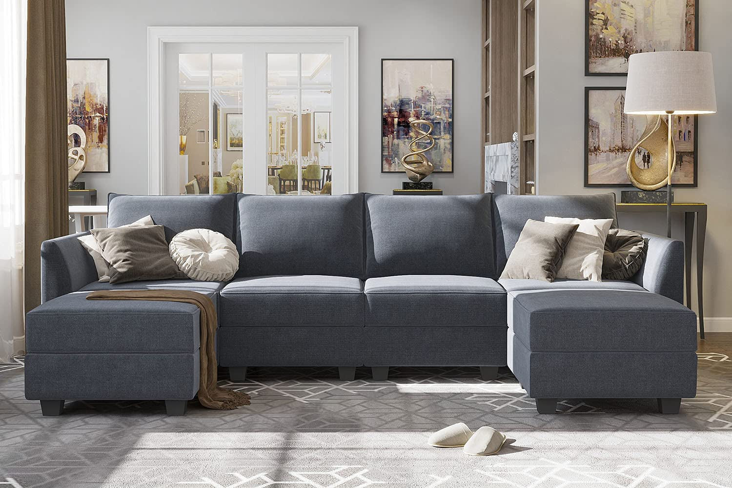 Modular U Shaped Sectional Sofa Bluish Grey With Storage