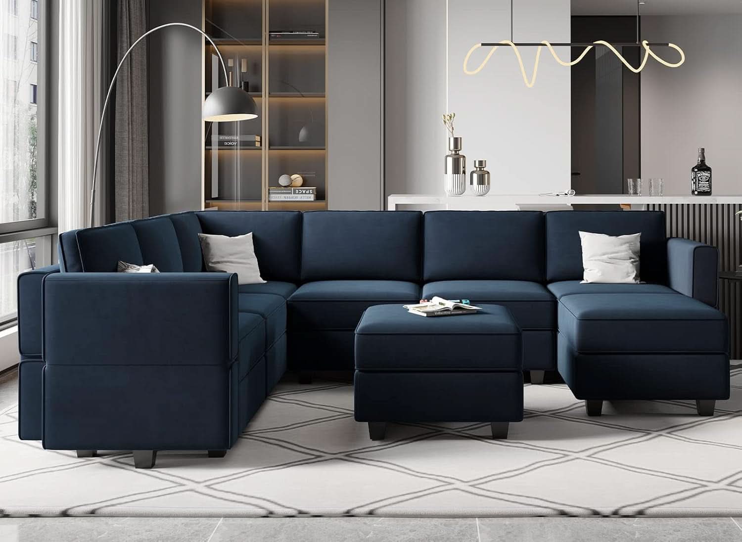 Modular Velvet Sectional Sofa Blue With Storage Ottoman