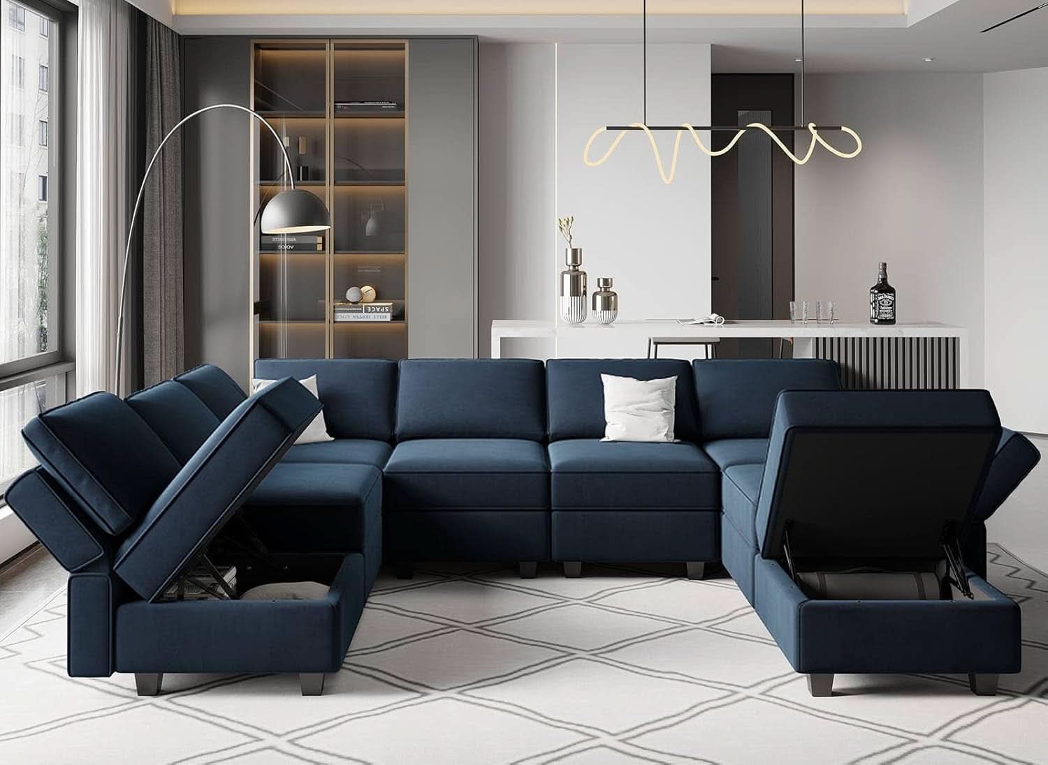 Modular Velvet Sectional Sofa Blue With Storage Ottoman