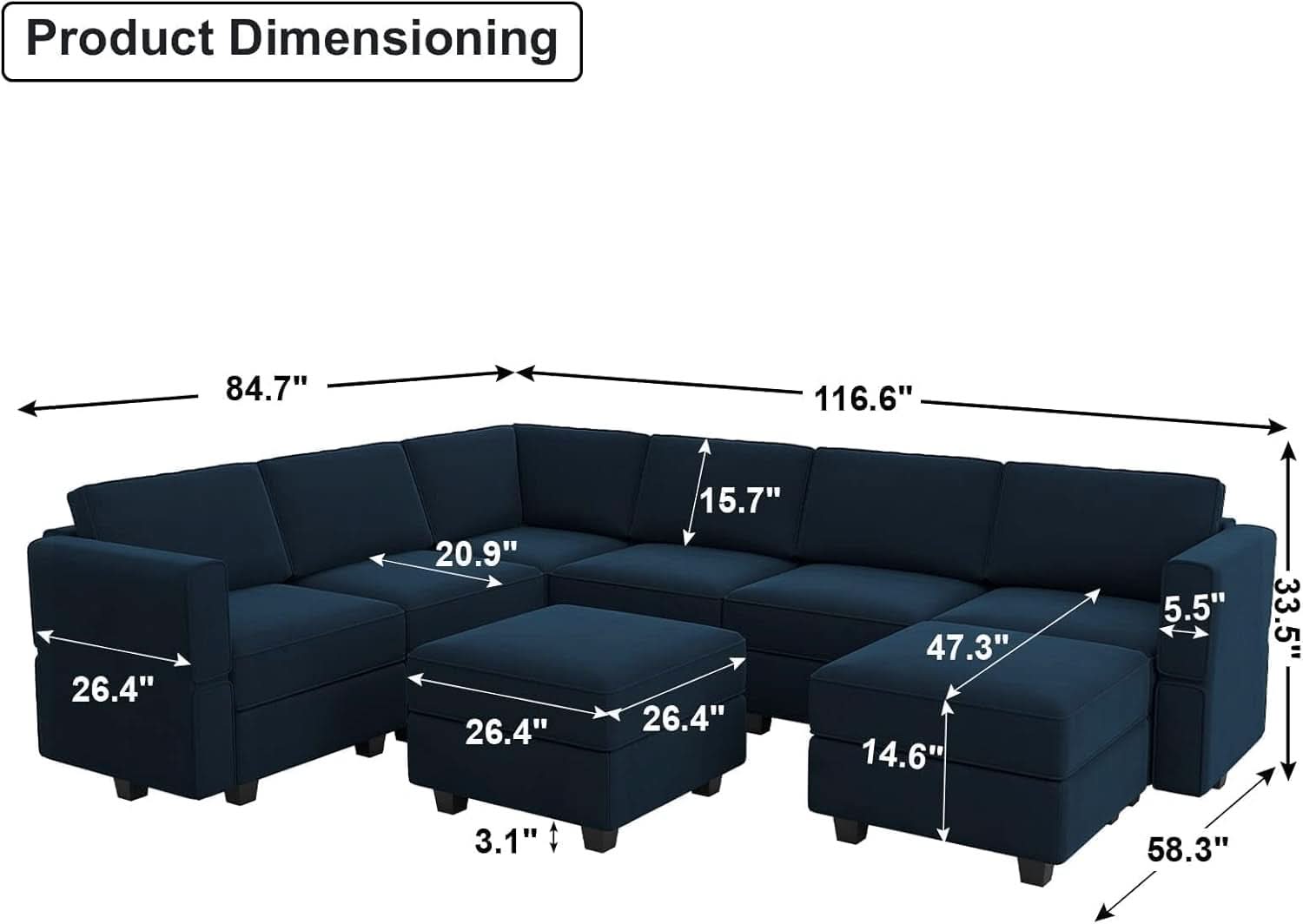 Modular Velvet Sectional Sofa Blue With Storage Ottoman