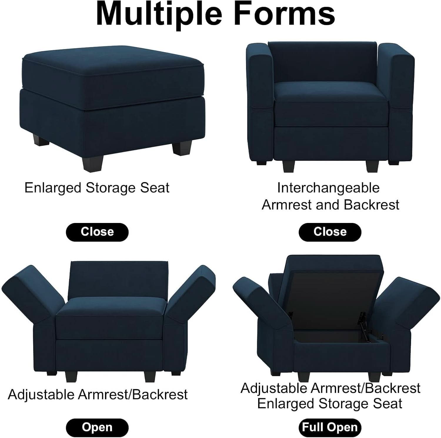 Modular Velvet Sectional Sofa Blue With Storage Ottoman