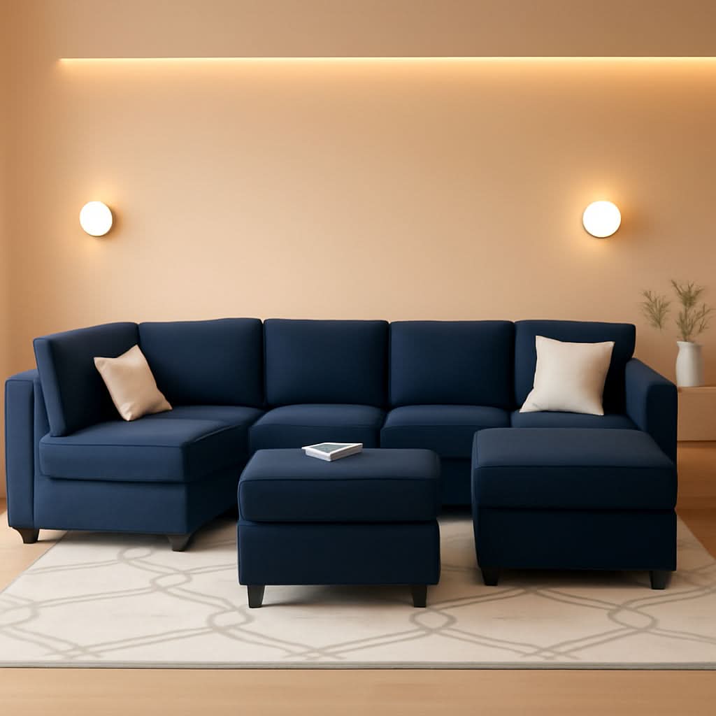 Modular Velvet Sectional Sofa Blue With Storage Ottoman