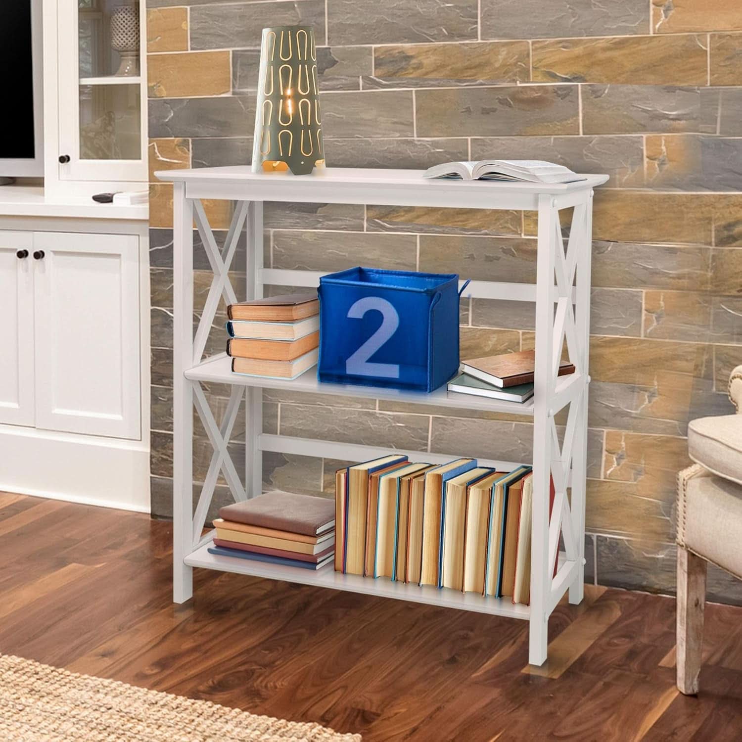 Montego 3 Shelf Bookcase White Modern X Design Storage