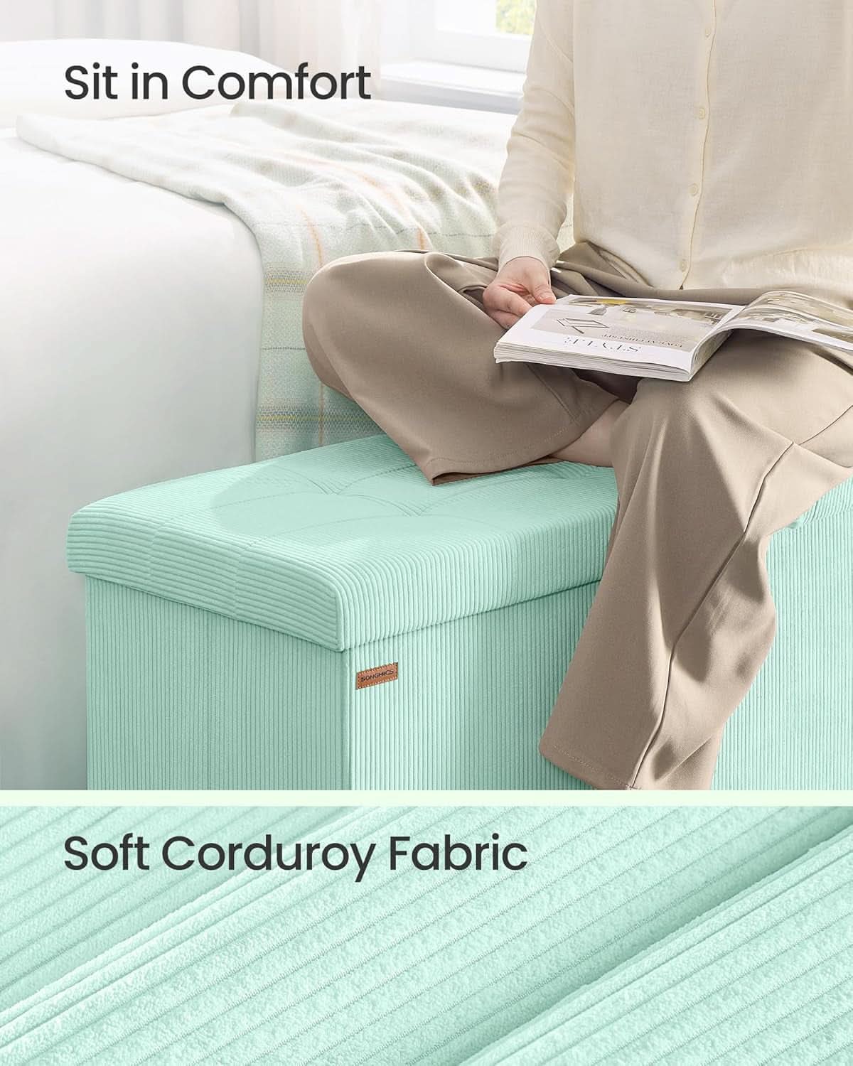 Moon light Green Foldable Storage Ottoman Bench Room
