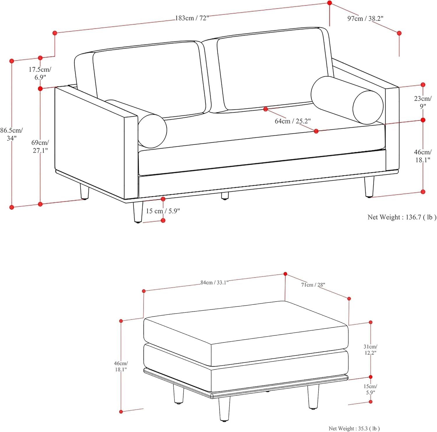 Morrison 72 Inch Mid Century Modern Sofa Set Mist Grey