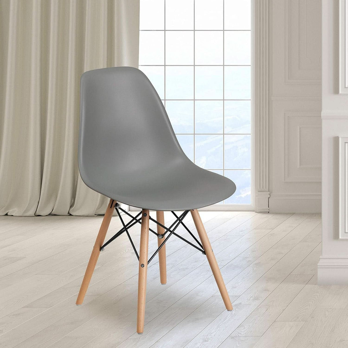 Moss Gray Plastic Chair With Wooden Legs For Dining Room