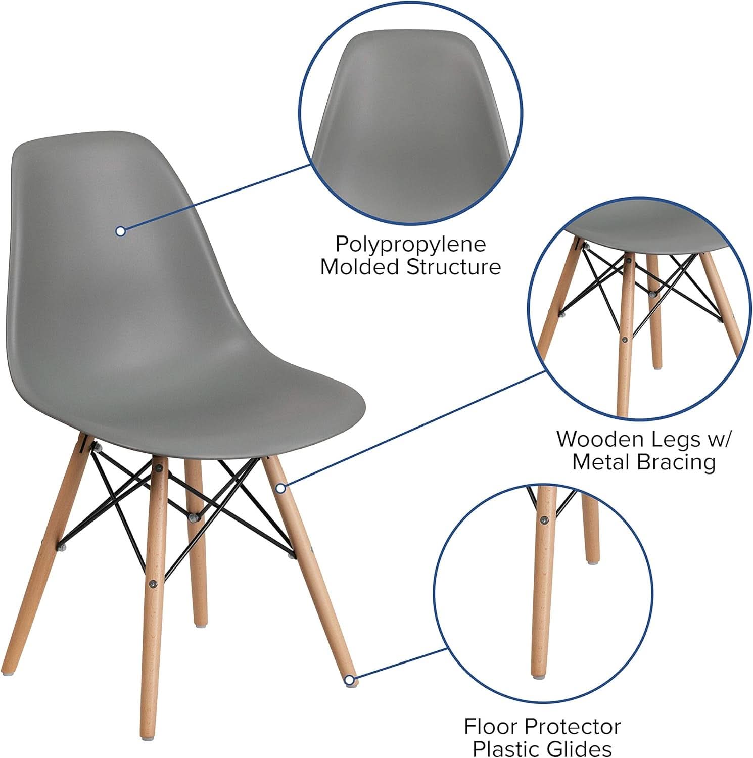 Moss Gray Plastic Chair With Wooden Legs For Dining Room