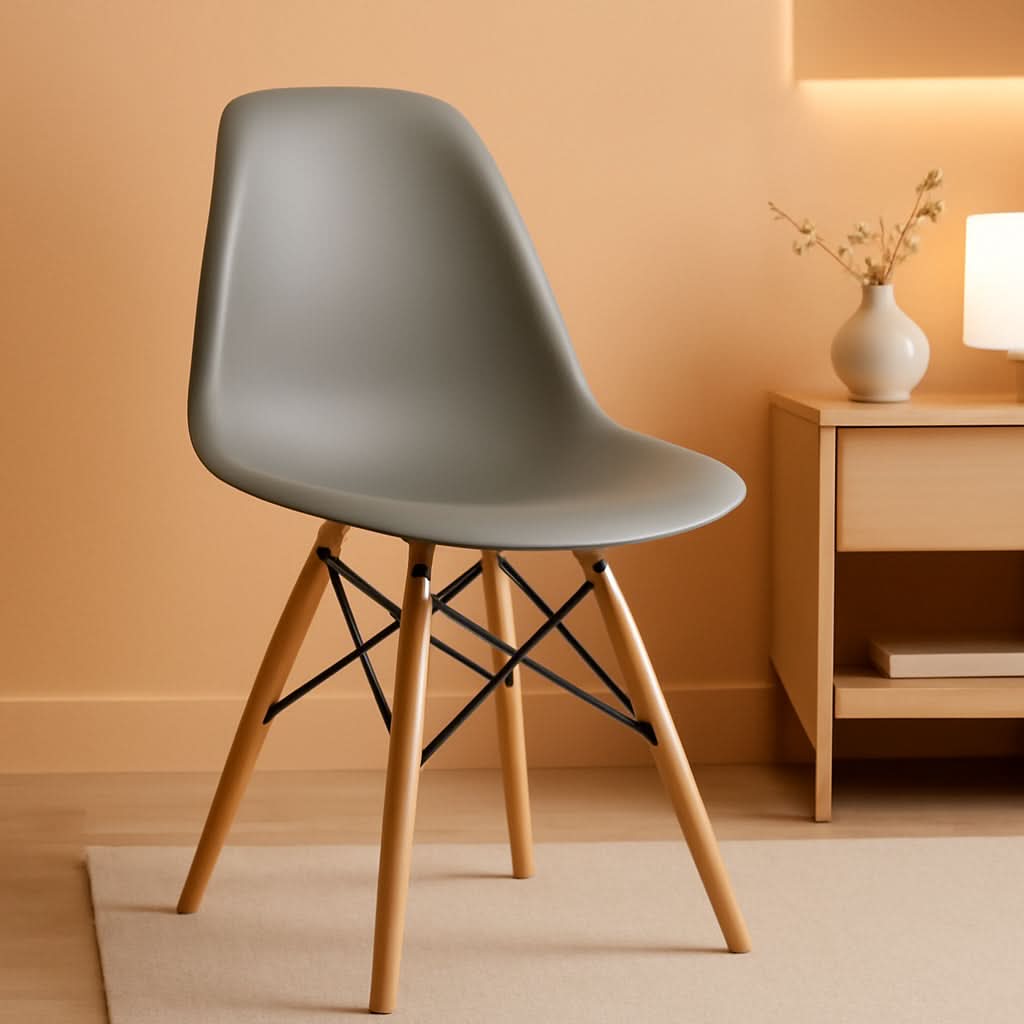 Moss Gray Plastic Chair With Wooden Legs For Dining Room