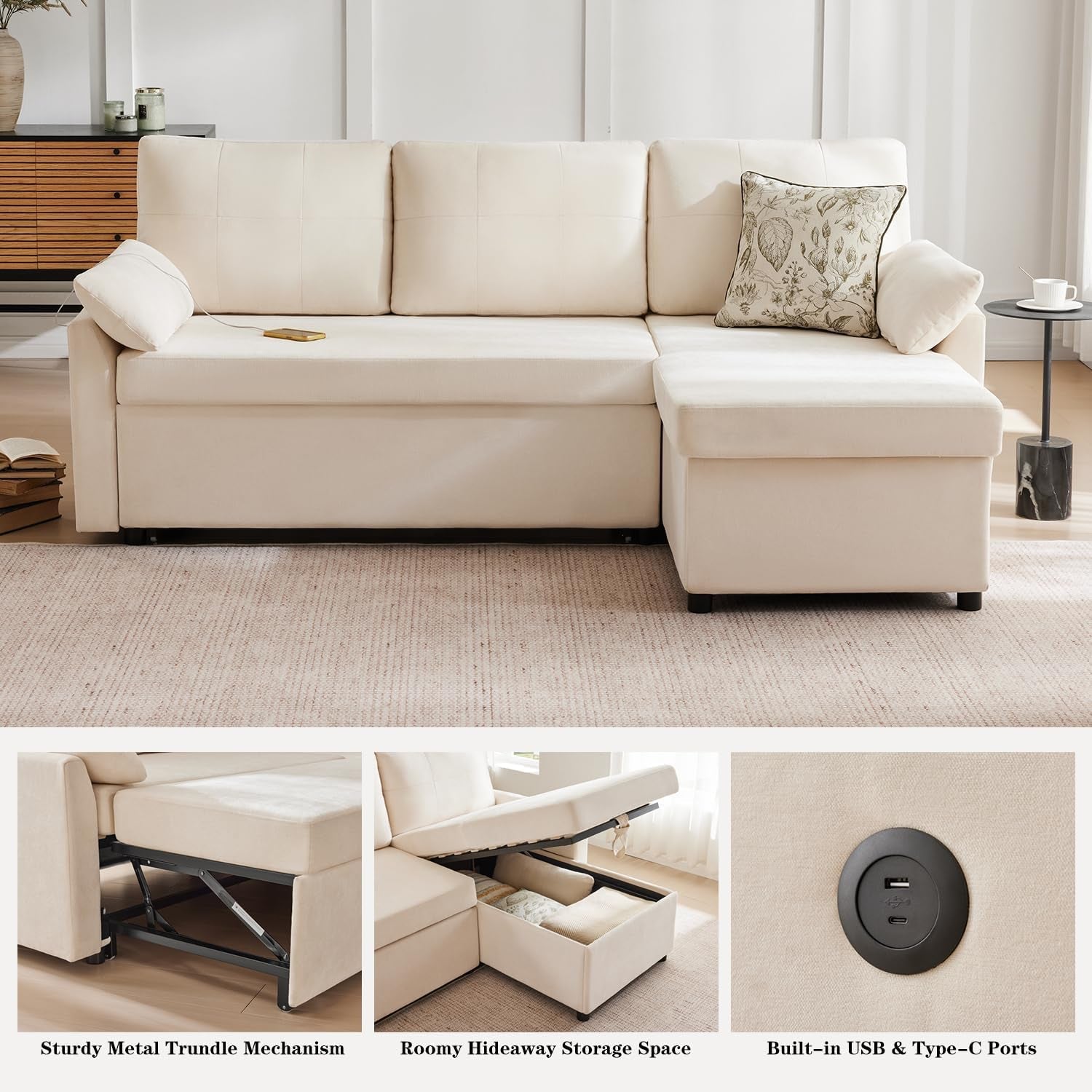 Multifunctional Sectional Sofa Bed With Storage And USB Ports