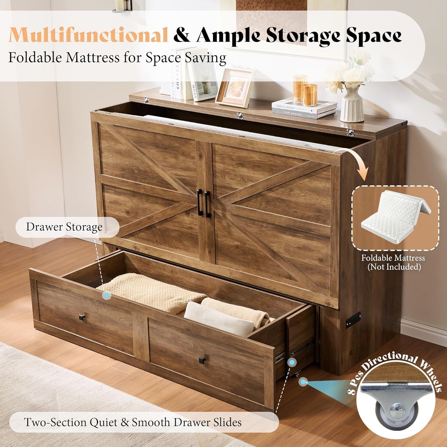 Murphy Bed Cabinet With Charging Station Folds To Queen Bed