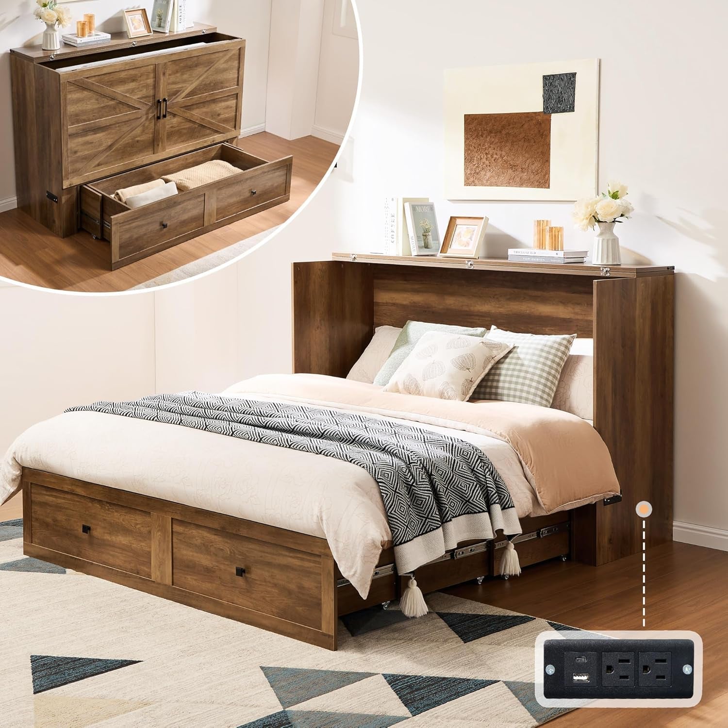 Murphy Bed Cabinet With Charging Station Folds To Queen Bed