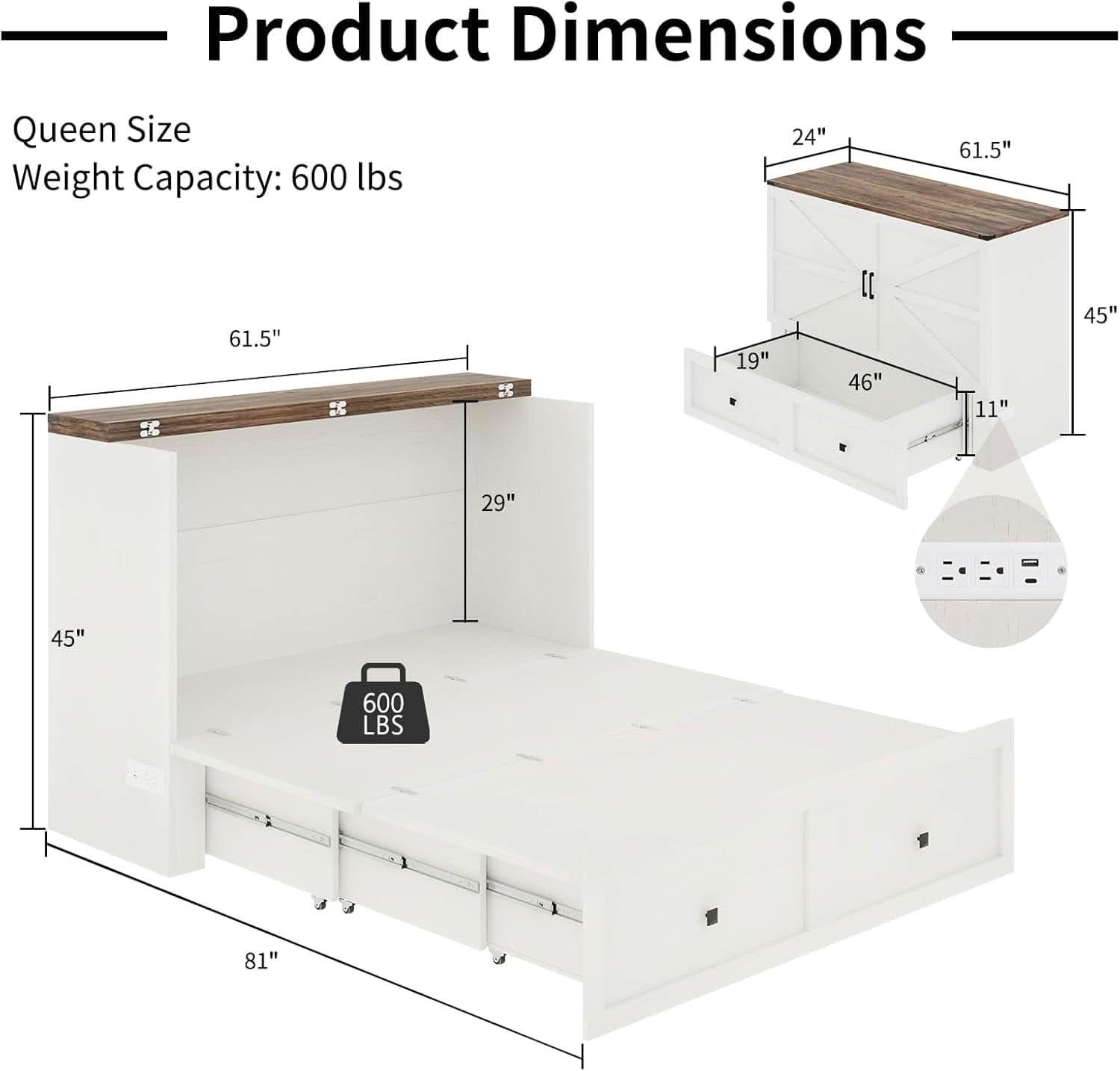 Murphy Bed Cabinet With Charging Station Queen Size