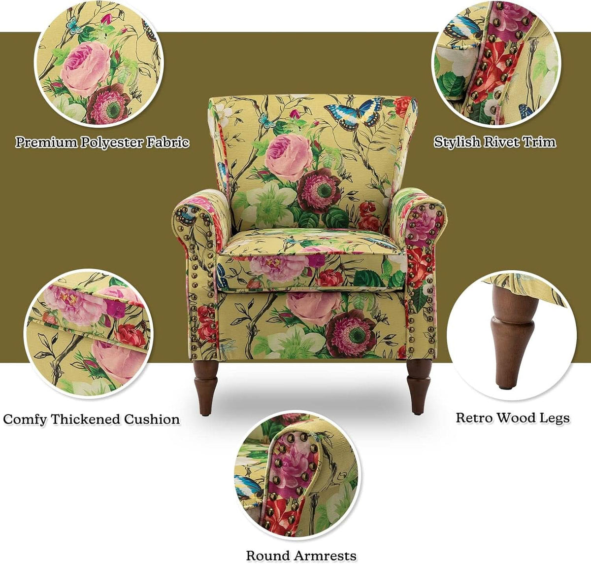 Mustard Floral Wingback Accent Chair With Solid Wood Legs