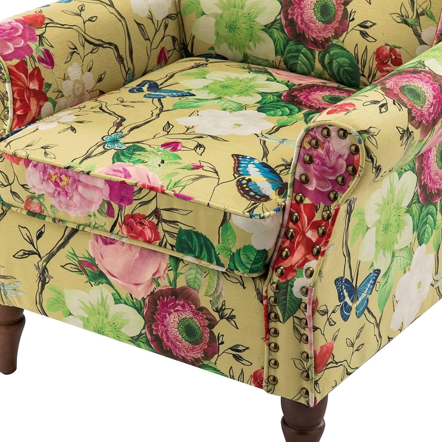 Mustard Floral Wingback Accent Chair With Solid Wood Legs