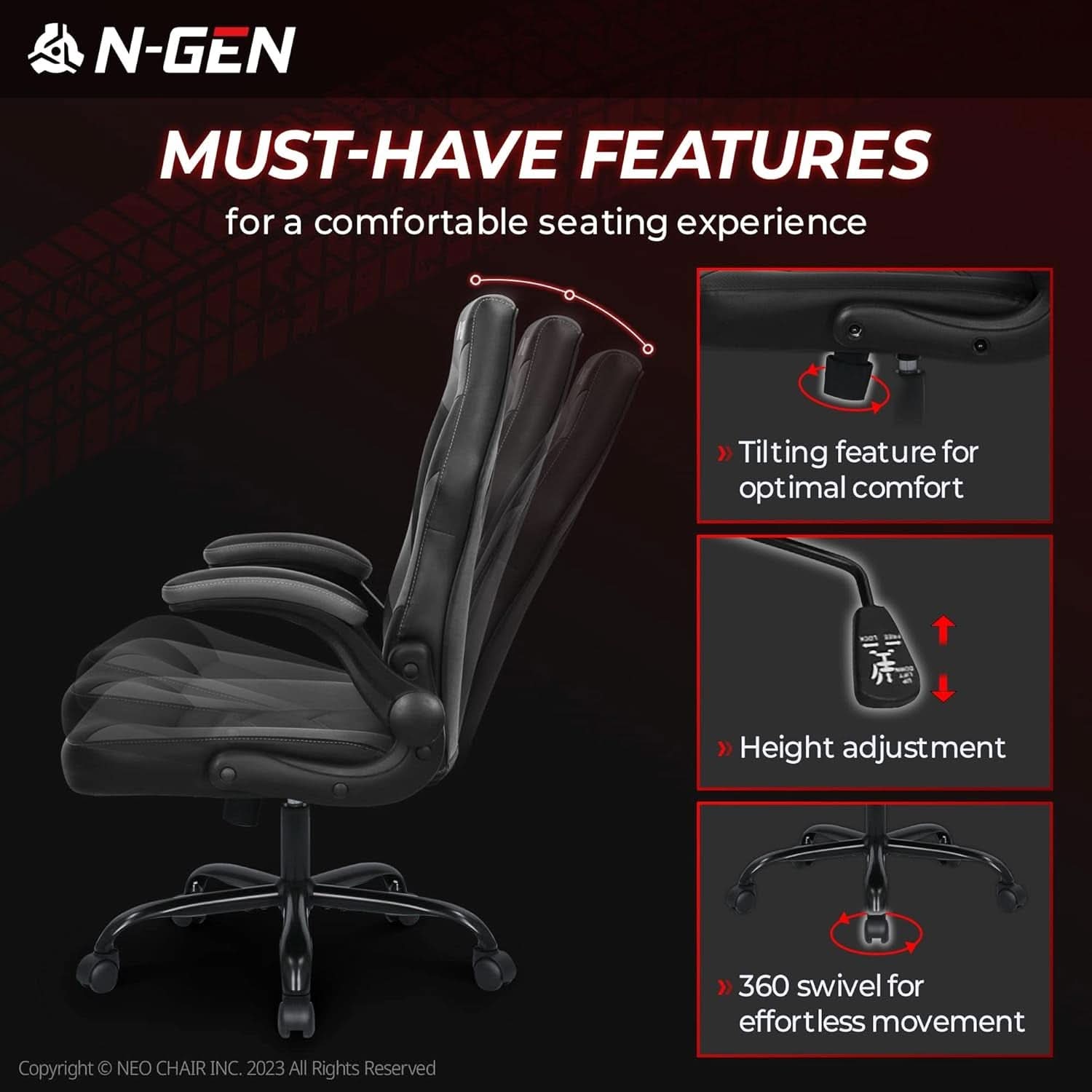 N-GEN Ergonomic Gaming Chair With Lumbar Support Gray PU Leather