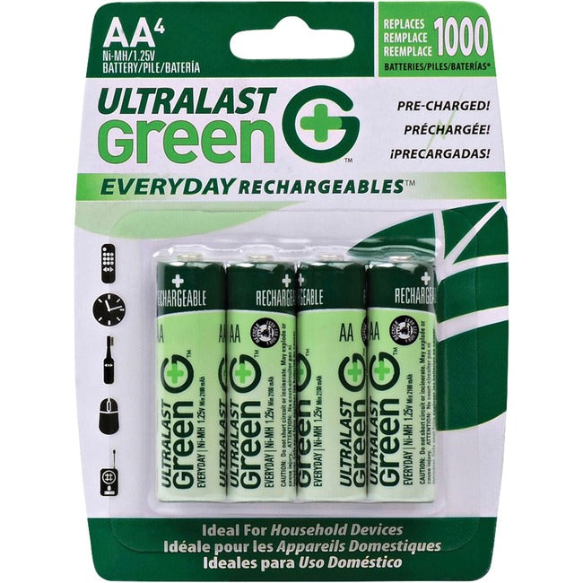NABC Ultralast ULGED4AA AA 4 Pack Green Precaharged Ready-to-Use Rechargeable