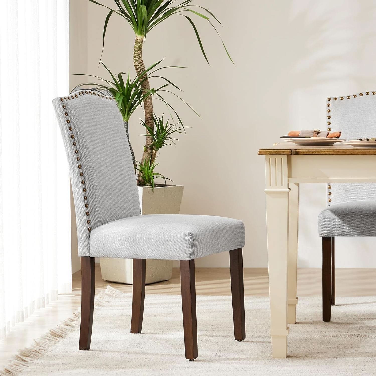 Nailhead Trim Fabric Dining Chairs Light Grey Six Pack