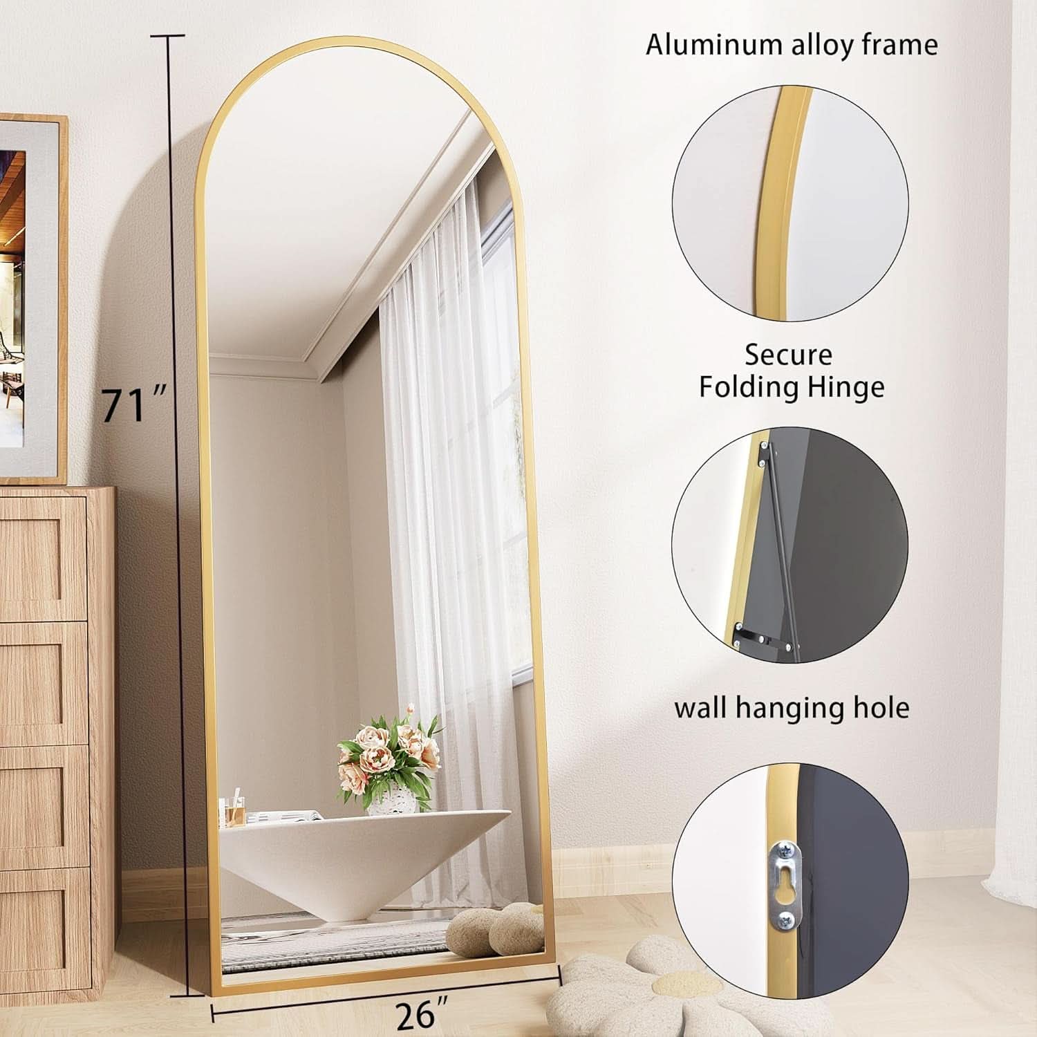 Nanoglass Arch Full Length Standing Mirror 71x26 In Gold