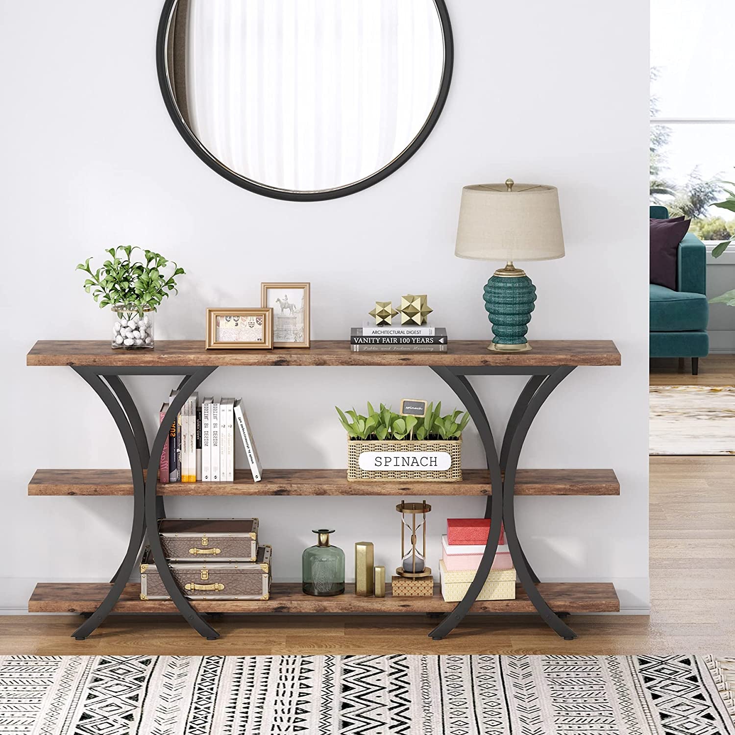 Narrow Console Table With 3 Shelves In Brown Finish