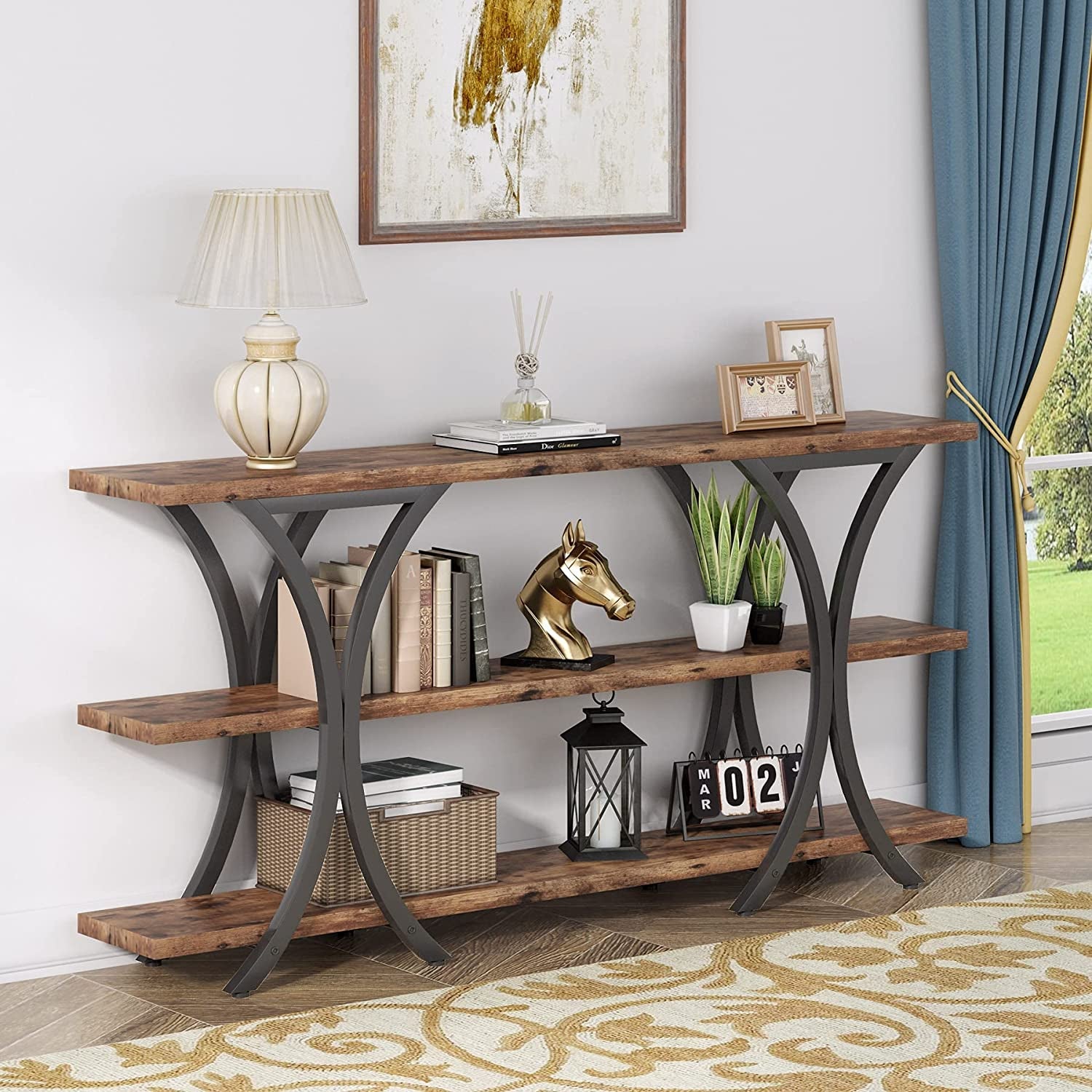 Narrow Console Table With 3 Shelves In Brown Finish