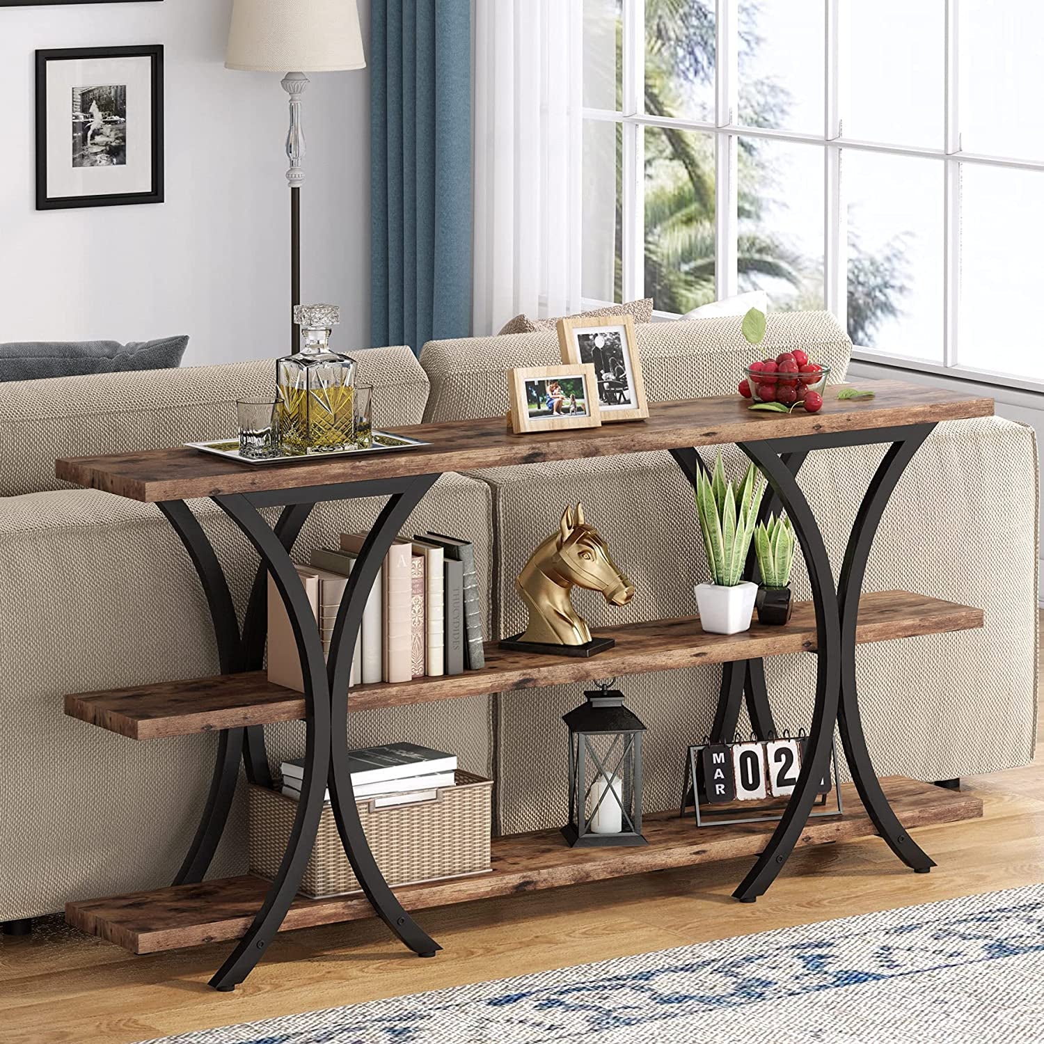 Narrow Console Table With 3 Shelves In Brown Finish