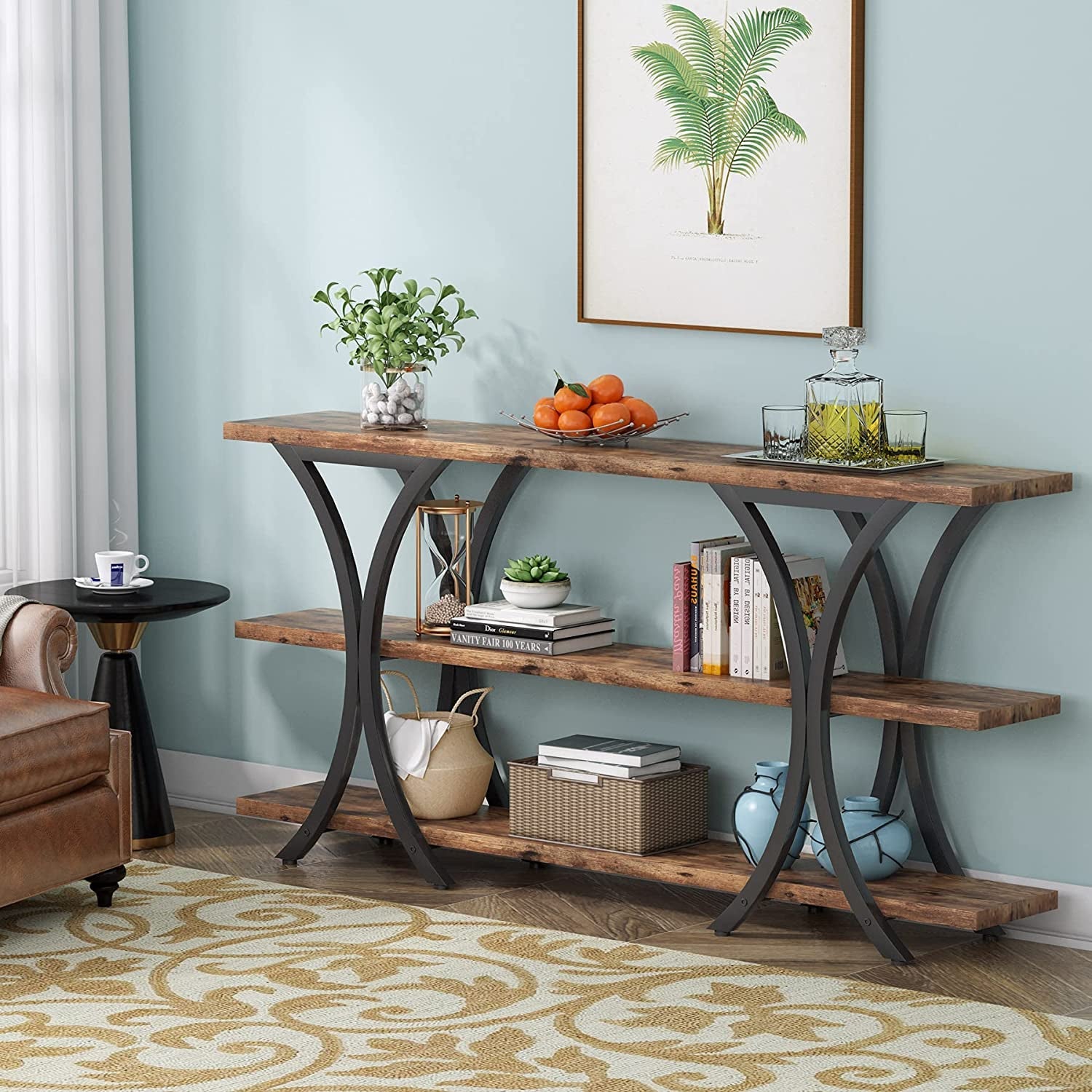 Narrow Console Table With 3 Shelves In Brown Finish