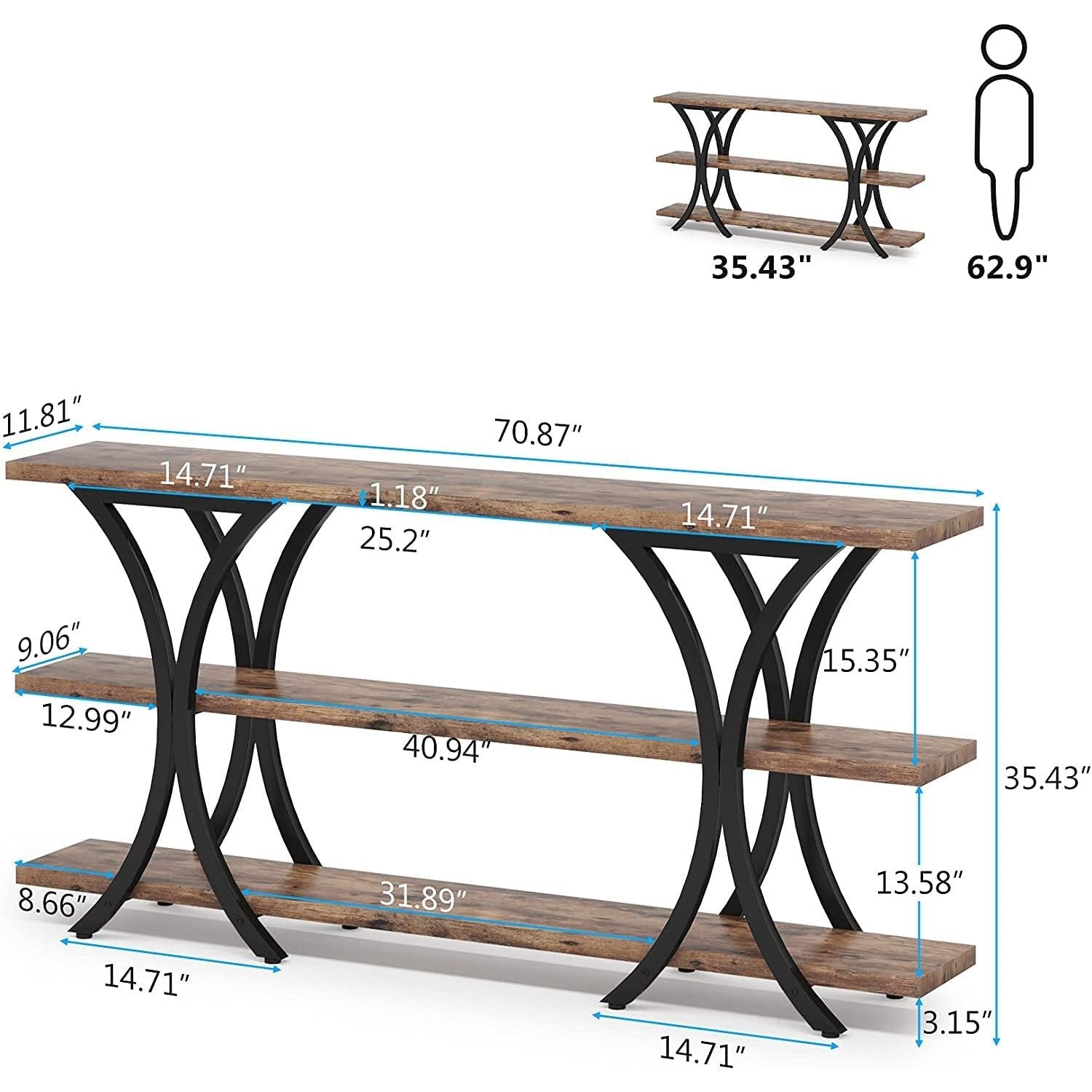 Narrow Console Table With 3 Shelves In Brown Finish