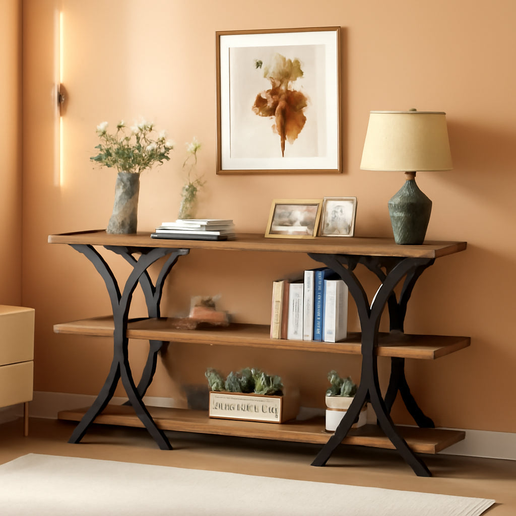 Narrow Console Table With 3 Shelves In Brown Finish