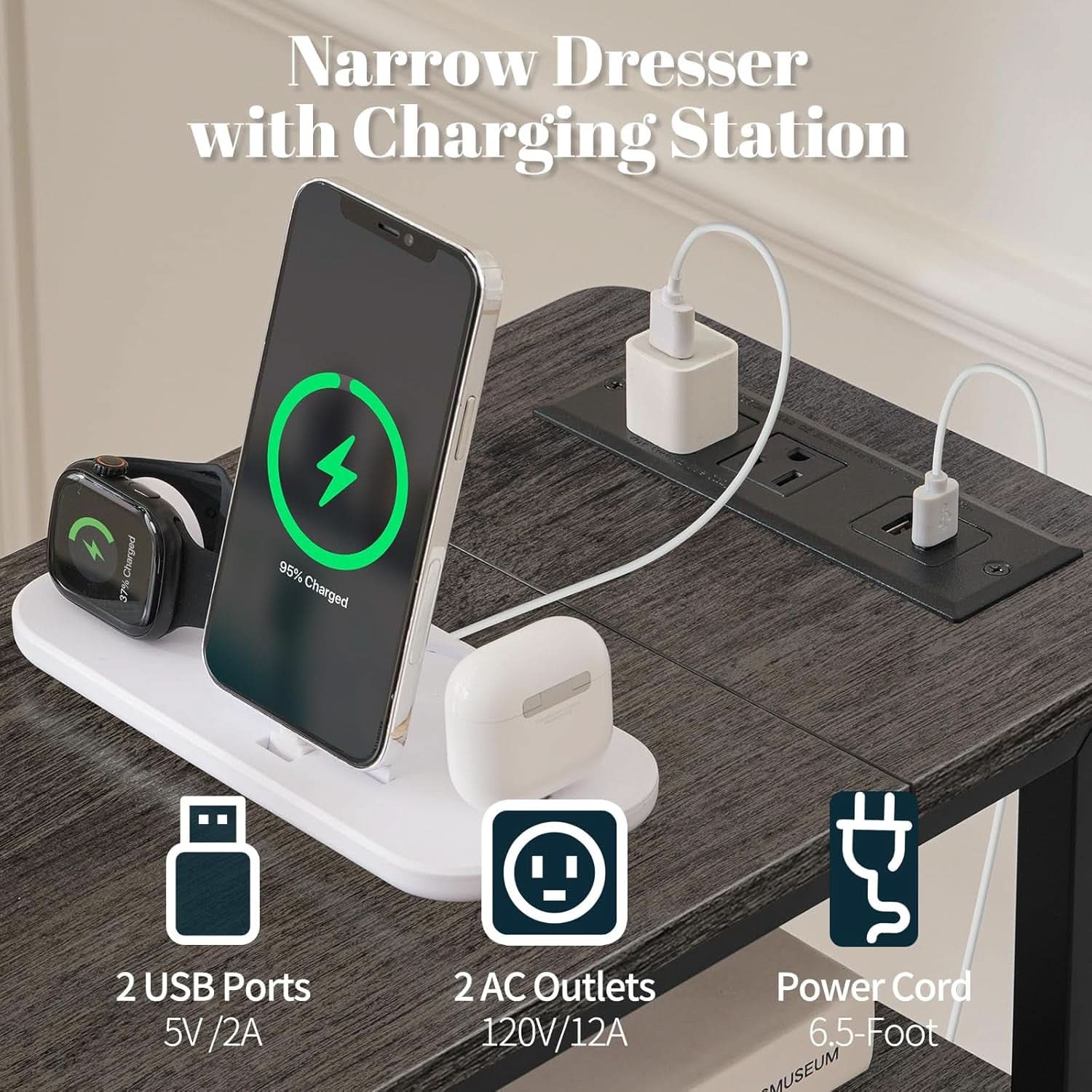 Narrow Dresser Nightstand With Led Charging Station
