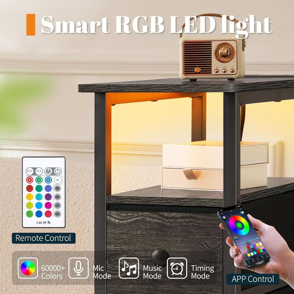 Narrow Dresser Nightstand With Led Charging Station