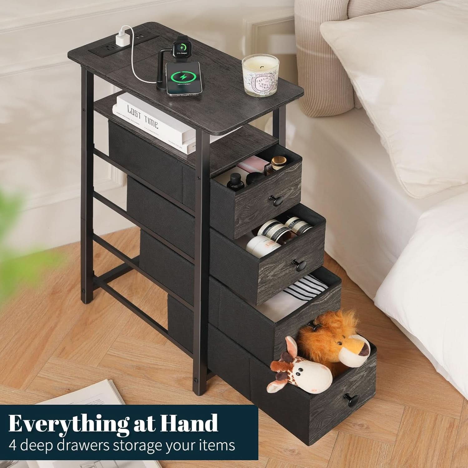 Narrow Dresser Nightstand With Led Charging Station