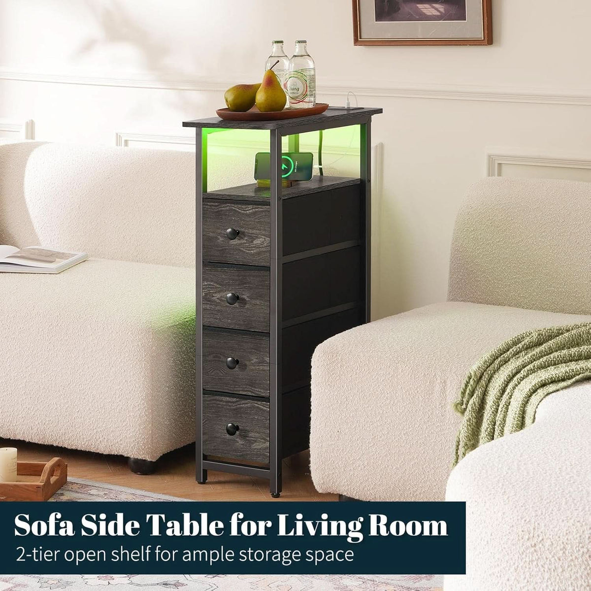 Narrow Dresser Nightstand With Led Charging Station